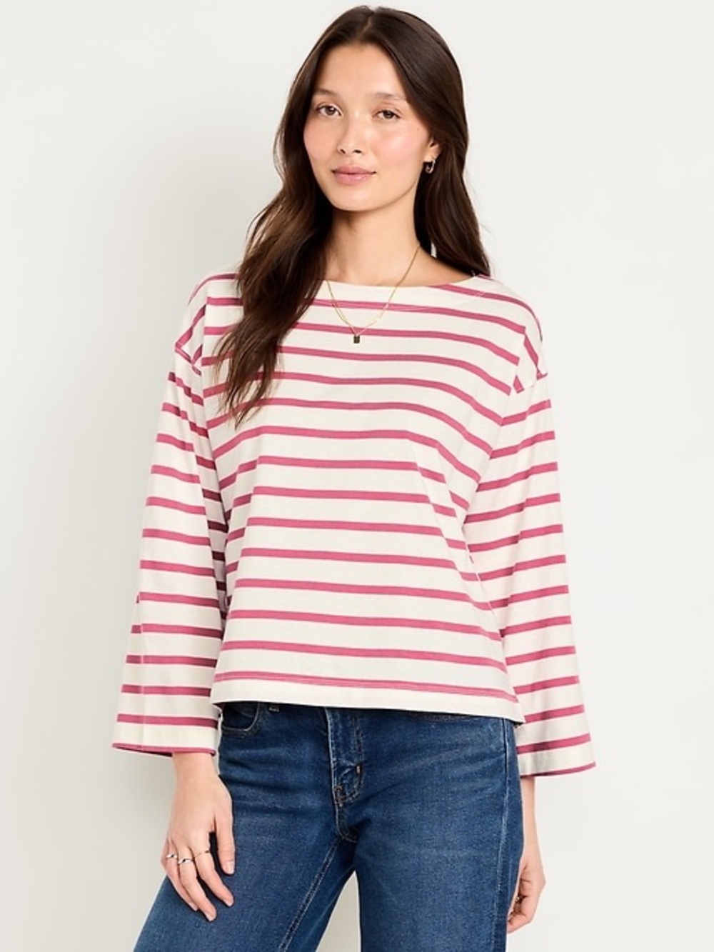 Old Navy Pink & Cream Striped Long-Sleeve Boatneck Top